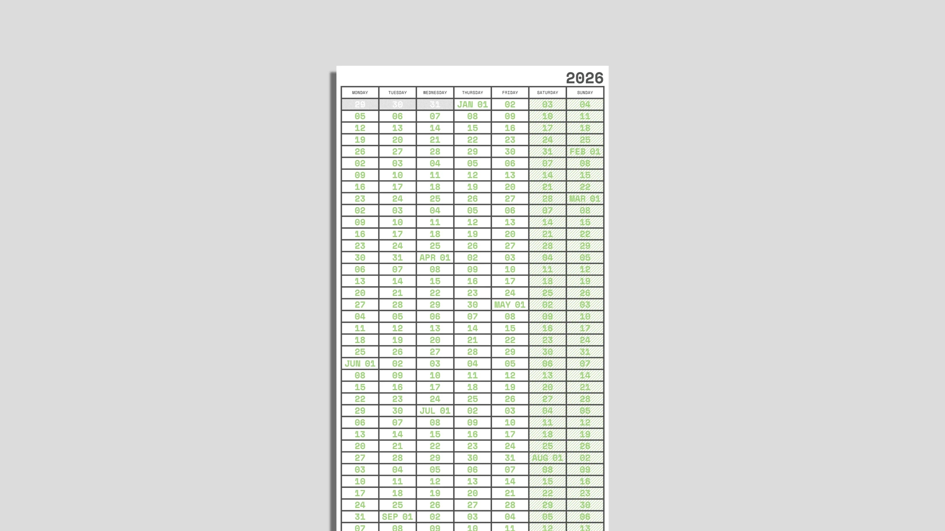 Annual Week View Calendar