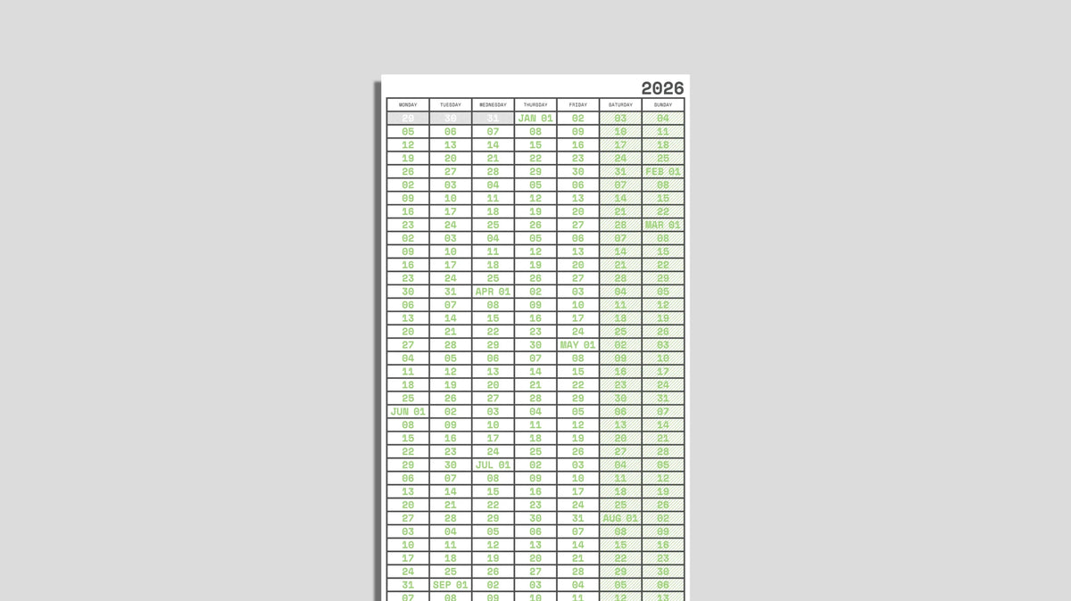 Annual Week View Calendar